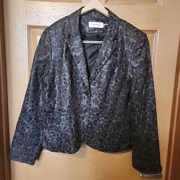 Calvin Klein Linen Blend Blazer Cheetah Animal Print Jacket Women's Size‎ 14 - Picture 1 of 10